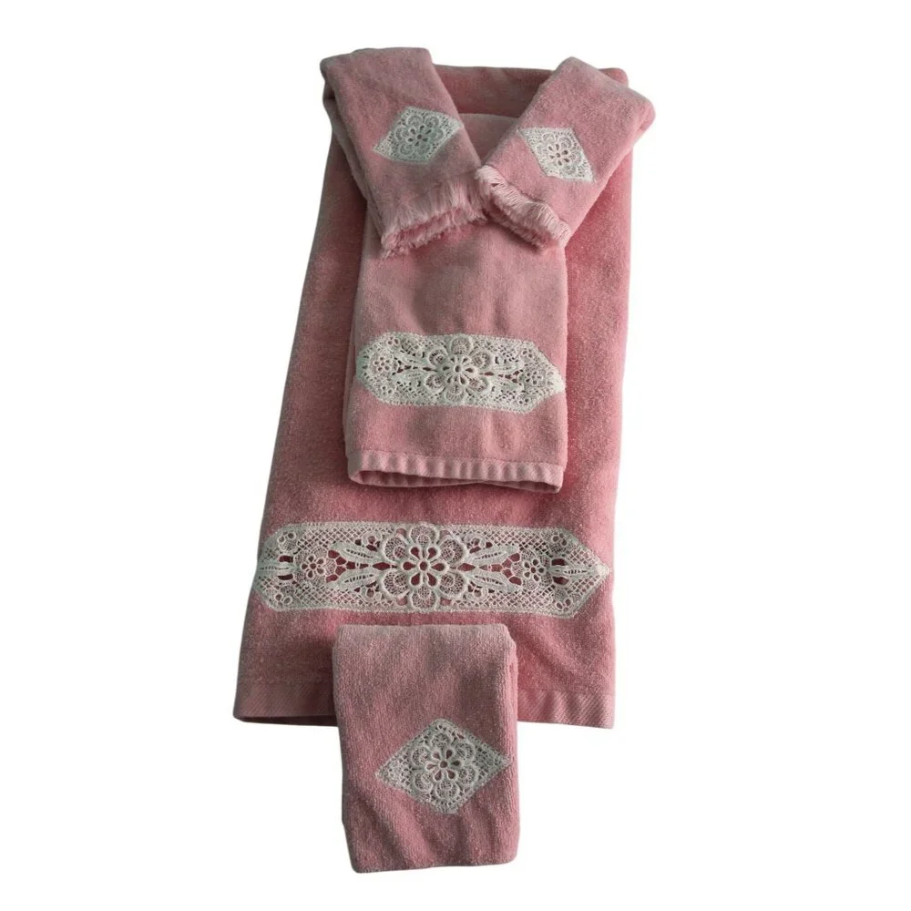 Vintage Five Pc Bathworks Pink Towel Lace Accents GUC USA Made